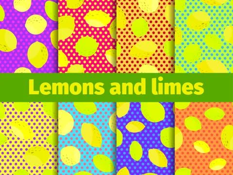 Lemon set of seamless pattern. Yellow and green lemons and lime on pop art st Stock-Illustration