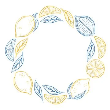 Lemon slice and leaf arranged in a circular frame on a white background in line Stock Illustration