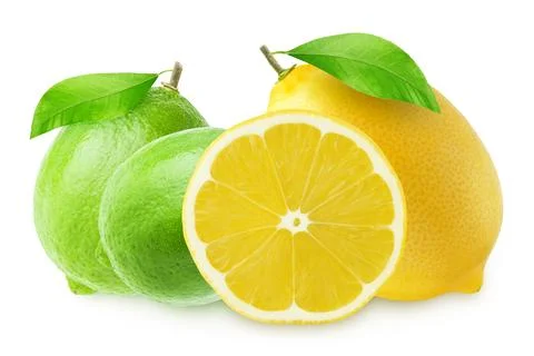 Lemon with slice and a two limes isolated on white Stock Photos