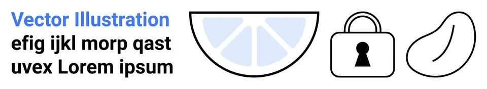 Lemon slice with blue segments, lock symbol with keyhole, and bean outline. I Illustrazione stock