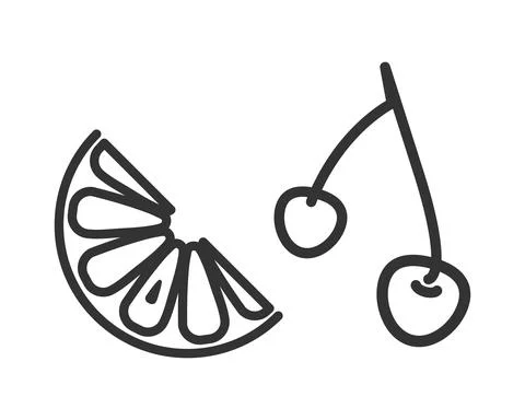 Lemon slice, cherry icon set. Black grey outline. White background. Vector Stock Illustration