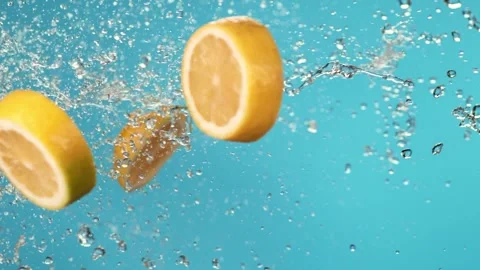 Lemon slice falling into blue water creating splash dynamic slow motion Stock Footage 327573430