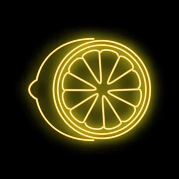Lemon slice glowing neon light black background Stock Illustration