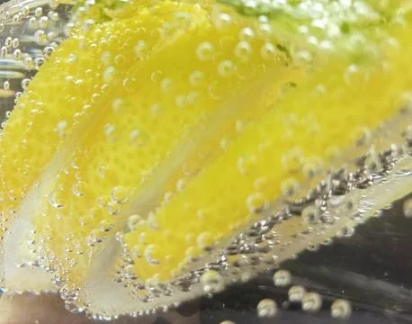Lemon slice in sparkling water with bubbles close up Stock Photos