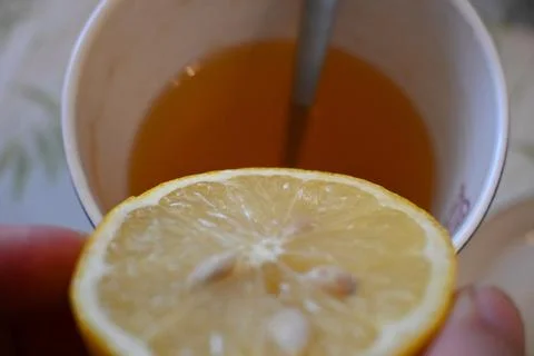 Lemon slice in tea cup 스톡 사진