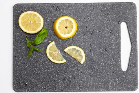 Lemon slices on a gray background with empty place Stock-Fotos