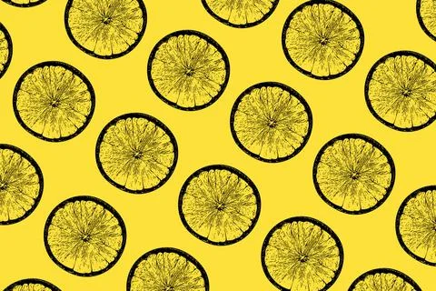 Lemon slices pattern on vibrant illuminating color background. Minimal flat lay Stock Photos