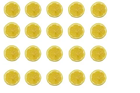 Lemon slices in a row next to each other in five pieces and below each othe.. Stock Photos