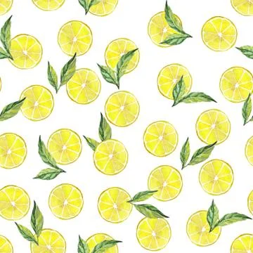 Lemon slices with tea leaflets on a white background. Seamless watercolor Stock Illustration