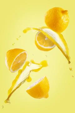 Lemon with splashes of juice on a yellow background. Stock Photos