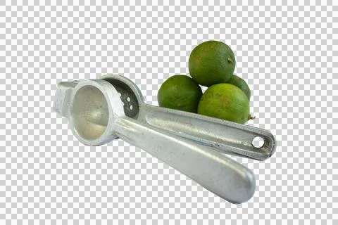 Lemon squeezer next to 4 green lemons Stock Photos