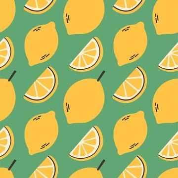 Lemon summer pattern on green background. Simple seamless pattern with lemons Stock Illustration