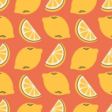 Lemon summer pattern on red background. Simple seamless pattern with lemons Stock Illustration