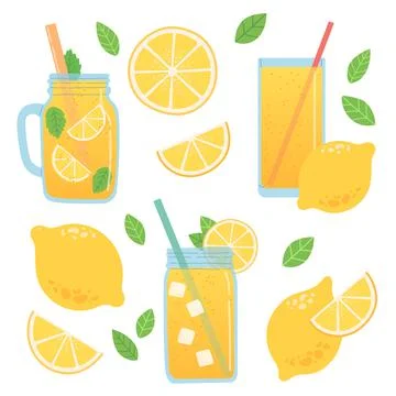 Lemon summer set with lemonade, flat design vector Stock Illustration