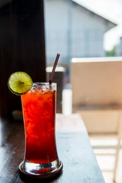 Lemon tea with ice in the cafe Stock Photos