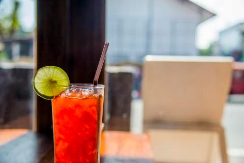 Lemon tea with ice in the cafe Stock Photos