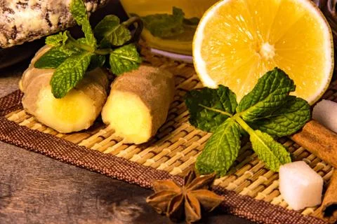 Lemon Tea in transparent mug mint ginger and cinnamo brewery and chocolate co Stock Photos
