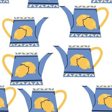 Lemon Teapots Pattern Design in Mediterranean Garden Style Stock Illustration