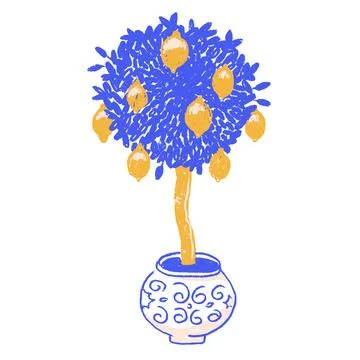 Lemon tree in naive summer style. Pencil textured hand drawn isolated Stock Illustration