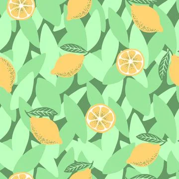 Lemon tree seamless pattern. Full and sliced yellow fruit on green hand drawn Stock-Illustration