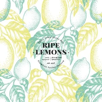Lemon tree seamless pattern. Hand drawn vector fruit illustration. Engraved s Stock Illustration