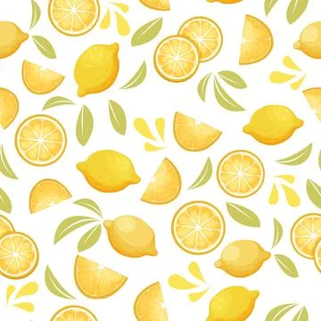 Lemon tropical citrus seamless pattern with leaves, slices in cartoon style Stock Illustration