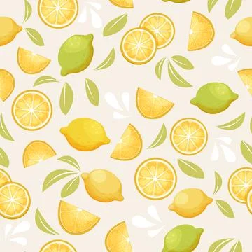 Lemon tropical citrus seamless pattern with leaves, slices in cartoon style Stock Illustration