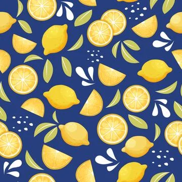 Lemon tropical citrus seamless pattern with leaves, slices in cartoon style Stock Illustration