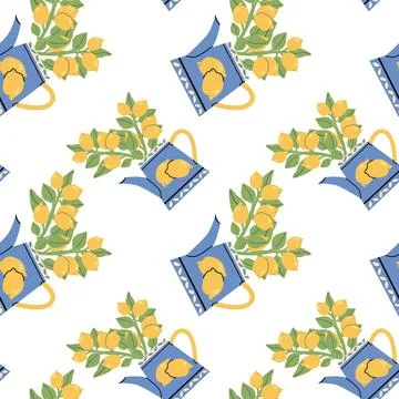 Lemon Watering Can Pattern for Mediterranean Garden Decor Illustrazione stock