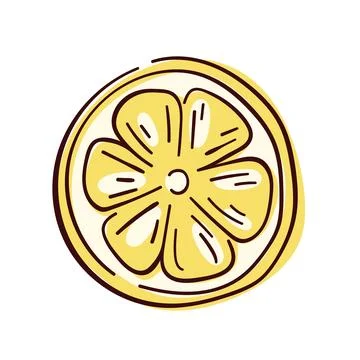 Lemon yellow round slice line art style icon. Flat outline citrus piece of Stock Illustration