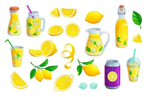Lemonade and lemon juice drinks and fruits Stock Illustration