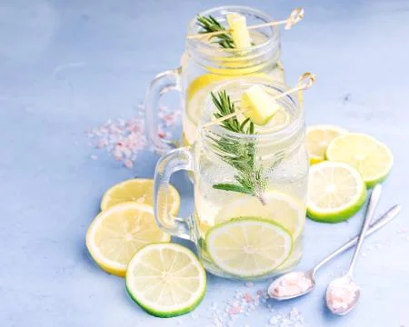 Lemonade with fresh lemon and lime Lemomade with rosemary and salt Stock Photos