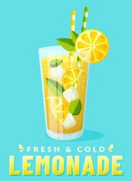 Lemonade glass with lemon slice. Vector poster. Illustrazione stock