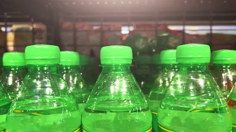Lemonade in green plastic bottles stand on the shelves of a supermarket. Closeup Stock Footage 183008867