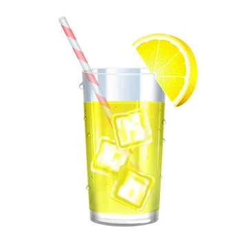 Lemonade with ice cubes and lemon on white background. Vector illustration. Stock Illustration