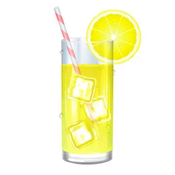 Lemonade with ice cubes and lemon on white background. Vector illustration. Stock Illustration