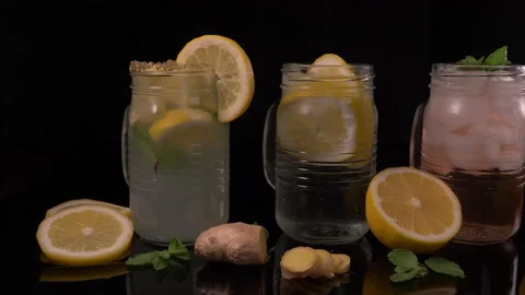 Lemonade in Jar Panning with Ginger and Lemon Slices Video stock 130983877