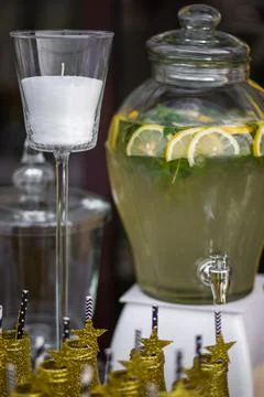 Lemonade in a large jug on the wedding table Stock Photos
