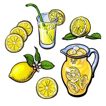 Lemonade with lemon in a transparent jug Stock Illustration