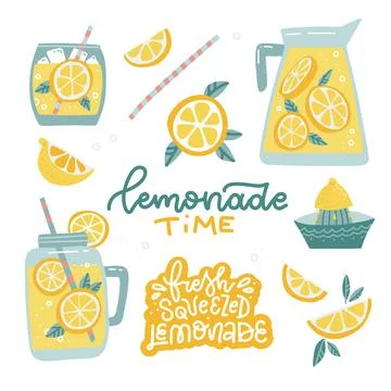 Lemonade making set. Pitcher drinks with straw, lemon slice in jar, mint citrus Illustrazione stock