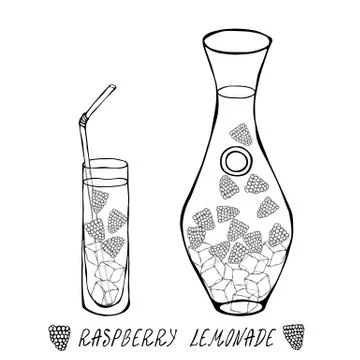 Lemonade with Raspberry in Decanter and Tall Glass, Ice, Straw. Summer Bar Co Stock Illustration