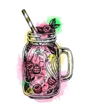 Lemonade with raspberry in mason jar. Stock Illustration
