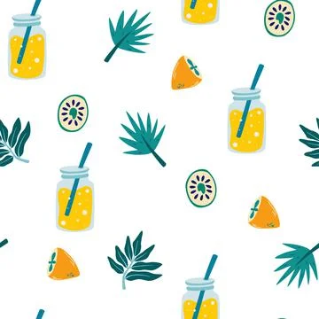Lemonade seamless pattern. Glass jar with a drink, palm leaves, lime and lemo 库存插图