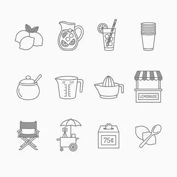 Lemonade stand icons set: pitcher, glass, lemons, sugar bowl, measuring cup.. Illustration