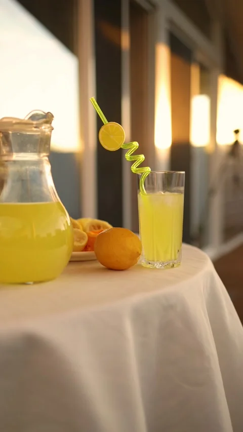 Lemonade table arrangement with citrus and warm sunset glow across summer scene Stock Footage 337722013