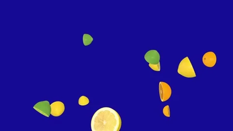 Lemon,Lime and Orange that sliced falling down from the top blue screen effect Stock Footage 322790776