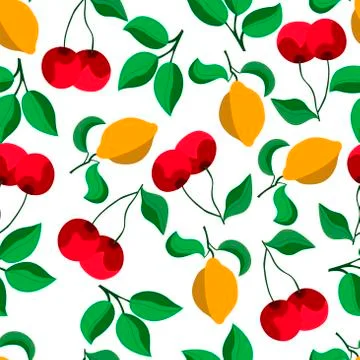 Lemons and cherries seamless pattern on white background. Vector graphics for Illustrazione stock