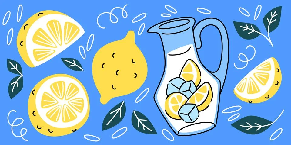 Lemons and lemonade jug pattern on blue background Stock Illustration
