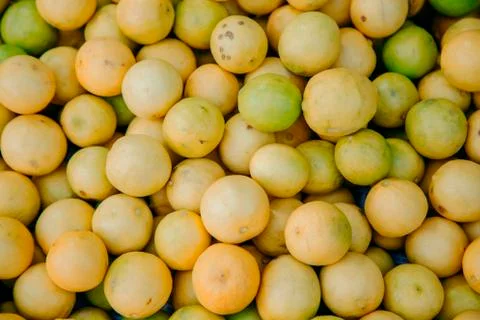Lemons and lime in a large wicker basket on the market in India Stock Photos