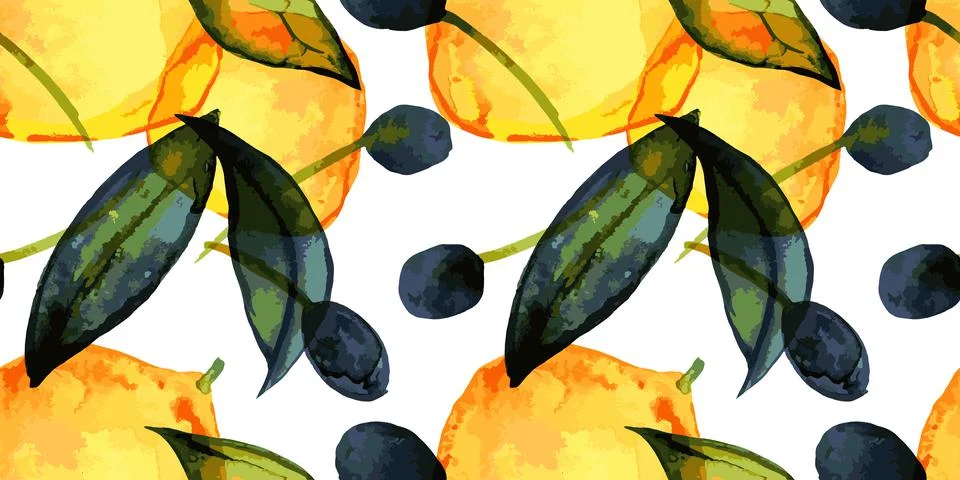 Lemons and olives seamless pattern with traced watercolor Stock Illustration